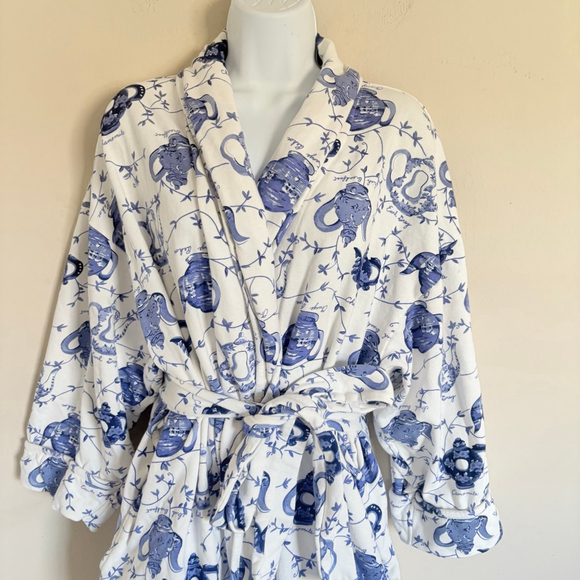RARE Victoria's Secret Gold Label 80s Vintage White Blue Teapot Print Robe OS - Picture 8 of 16